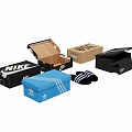 Household Items Open Closed Black Blue Shoe Boxes And Striped Slippers
