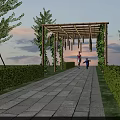 Pergola with Wooden Structure Climbing Vines Greenery and Evening Sky Over Stone Pathway