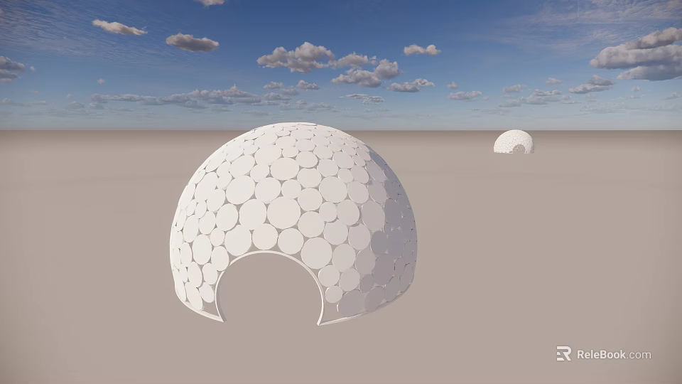 Garden Landscape Design Featuring White Domed Structures Open Sandy Area And Blue Sky 3d model