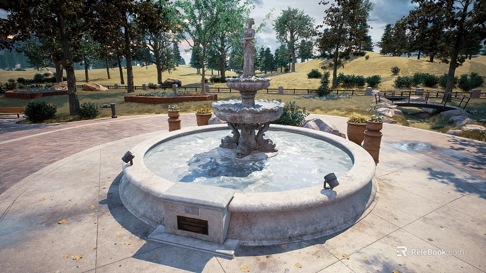 Outdoor Stone Garden Fountain With Central Sculpture And Surrounding Flower Pots On Brick Patio Near Trees 3d model 