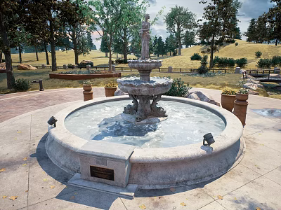 Outdoor Stone Garden Fountain With Central Sculpture And Surrounding Flower Pots On Brick Patio Near Trees 3d model