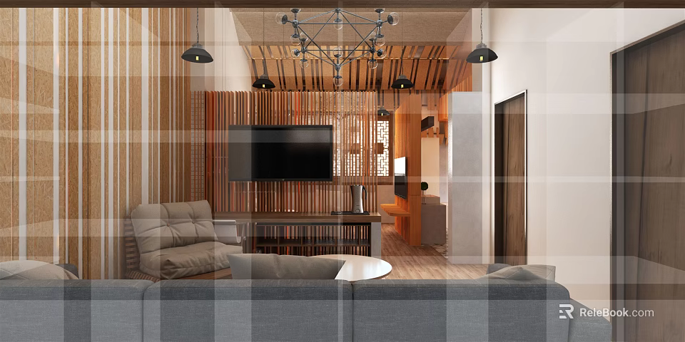 Modern Hotel Room Interior With Comfortable Sofa Wooden Decor TV And Chandelier 3d model 