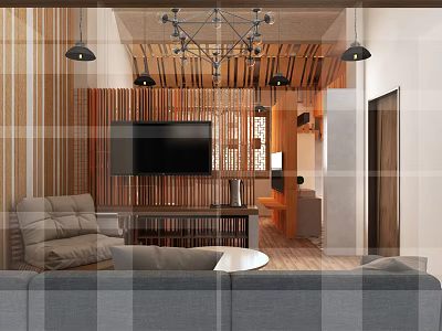 Modern Hotel Room Interior With Comfortable Sofa Wooden Decor TV And Chandelier 3d model