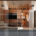 Modern Hotel Room Interior With Comfortable Sofa Wooden Decor TV And Chandelier