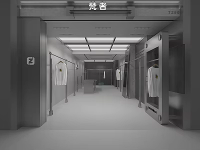 Modern Clothing Store Interior With Open Layout And Hanging Clothes 3d model