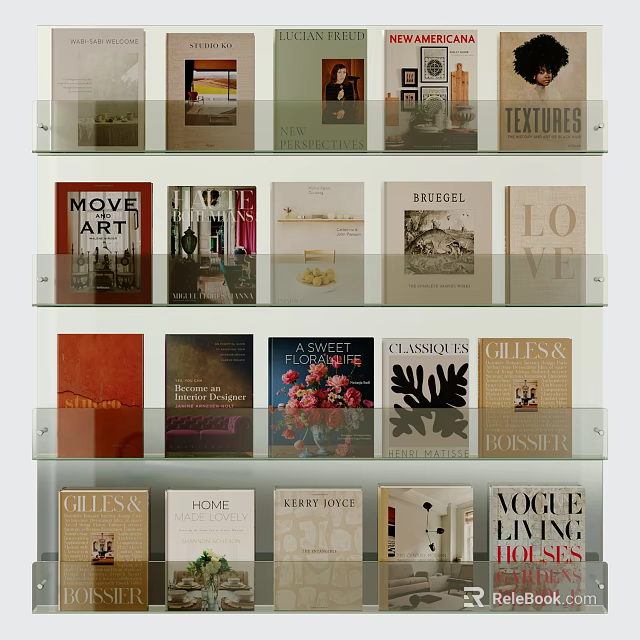 Books and Magazines Display On Glass Shelves With Various Art Design and Lifestyle Covers 3d model 