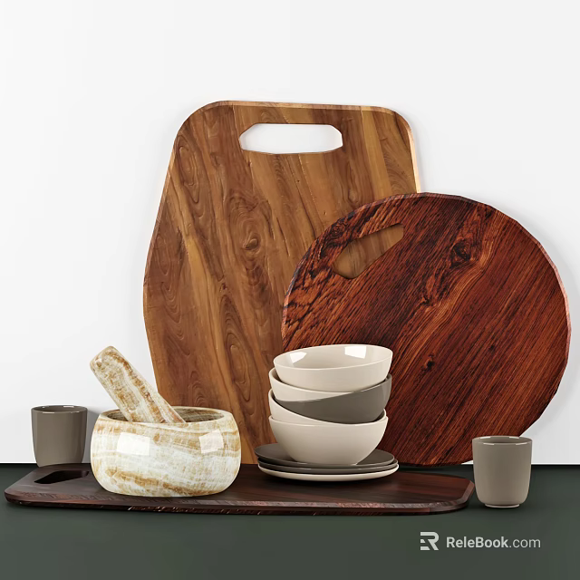Stylish Kitchen Utensils With Wooden Cutting Boards Mortar Pestle Stacked Bowls And Gray Cups 3d model 