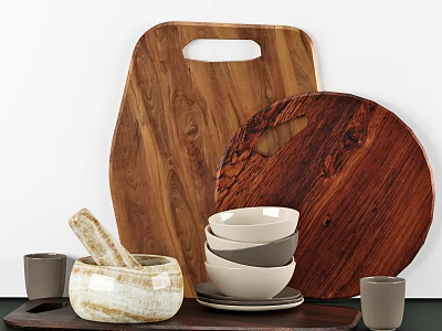 Stylish Kitchen Utensils With Wooden Cutting Boards Mortar Pestle Stacked Bowls And Gray Cups 3d model