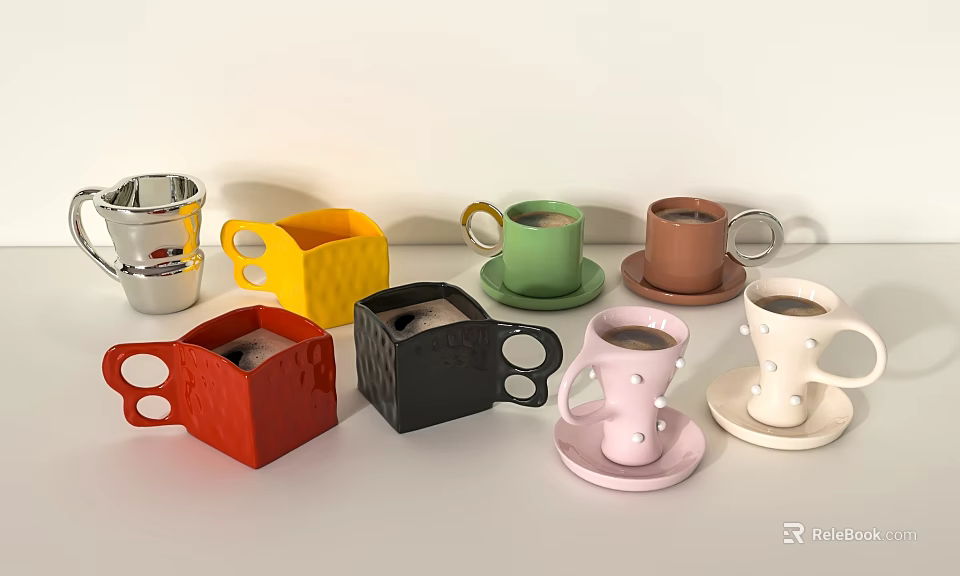 Colorful Various Shaped Ceramic Metallic Cups With Matching Saucers Modern Decor 3d model 