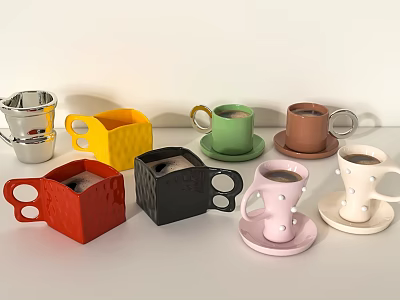 Colorful Various Shaped Ceramic Metallic Cups With Matching Saucers Modern Decor 3d model