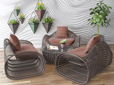 Brown Wicker Outdoor Sofa Set With Three Seater Coffee Table And Hanging Plants 3d model