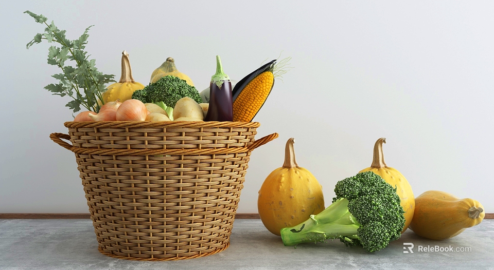 Fresh Assorted Vegetables in Wicker Basket on Table with Pumpkins Broccoli Eggplant and Corn 3d model 