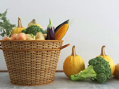 Fresh Assorted Vegetables in Wicker Basket on Table with Pumpkins Broccoli Eggplant and Corn 3d model