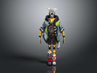 Futuristic Robot Character Wearing Hooded Jacket With Neon Green Accents Mechanical Limbs And Sneakers 3d model