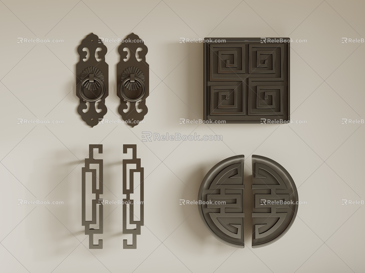 Chinese-style metal door handle hand-in-hand combination 3d model