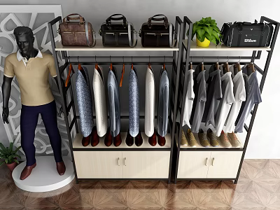 Retail Display Shelves With Hanging Shirts Shoes Bags Mannequin And Potted Plant 3d model