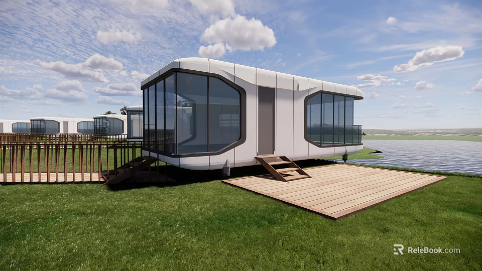 Modern Boutique Guesthouse Building With Large Glass Windows Wooden Deck And Waterfront View 3d model 
