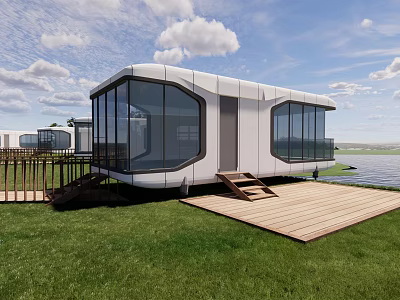 Modern Boutique Guesthouse Building With Large Glass Windows Wooden Deck And Waterfront View 3d model