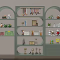Light Green Arched Display Cabinet with Multiple Shelves Showcasing Trophies Medals Toys and Decorative Items