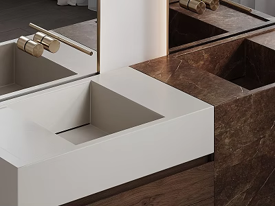 Modern White Washbasin with Golden Faucet and Marble Countertop Design 3d model