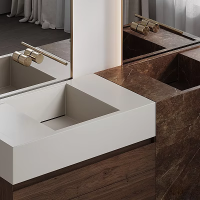 Modern White Washbasin with Golden Faucet and Marble Countertop Design 3d model