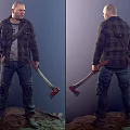 Man In Plaid Shirt And Jeans Standing With Axe On Muddy Ground Front Back View 3d model