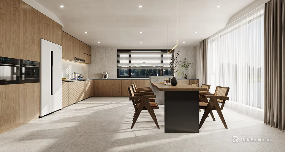 Modern Restaurant Interior With Wooden Dining Table Chairs Pendant Light And Large Window 3d model 