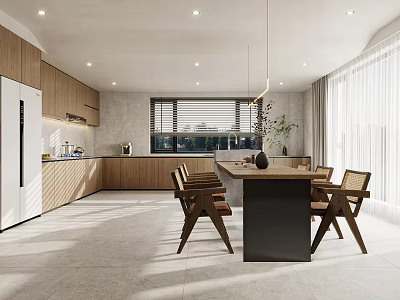 Modern Restaurant Interior With Wooden Dining Table Chairs Pendant Light And Large Window 3d model
