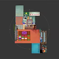 Cartoon Scene with 3D Multi Level Structure Colorful Rooms Staircase Windows and Decorations