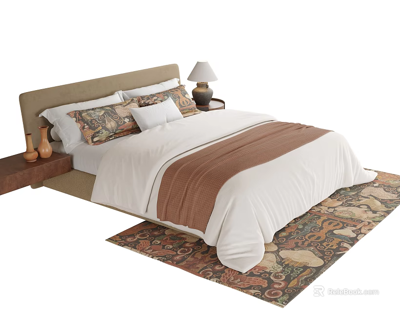 Double Bed Interior With Beige Headboard White Sheets Brown Blanket Patterned Pillows Nightstand And Rug 3d model