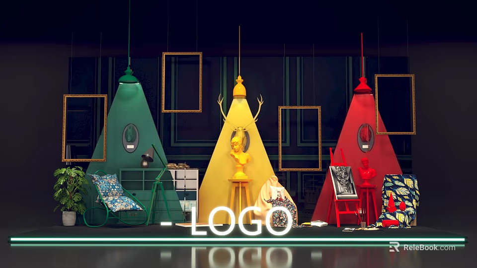 Interactive Zone With Colorful Cone Shaped Structures Frames Statue Chairs And Plants 3d model