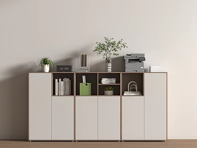 White And Wooden Cabinet Featuring Bookshelf Green Folder Plant Printer And Documents 3d model