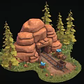 Rocky Mine Entrance Scene with Rail Tracks Mine Cart Blue Flame Torches and Pine Trees