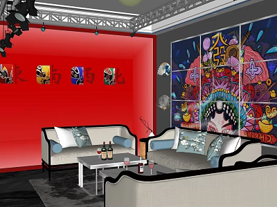 Modern KTV Interior With Red Walls Decorative Artworks Sofas And Coffee Table 3d model