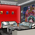 Modern KTV Interior With Red Walls Decorative Artworks Sofas And Coffee Table
