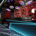 Modern Bar Interior With Blue Lit Counter Red Backdrop Wine Racks And Purple Pendant Lights