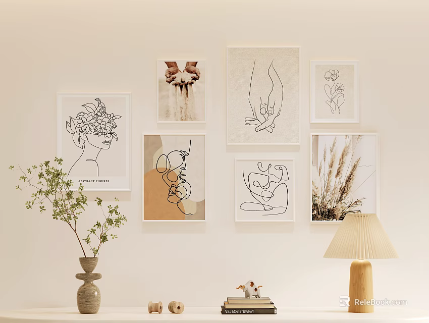 Minimalist Interior Wall Decor With Art Prints Vase And Lamp 3d model