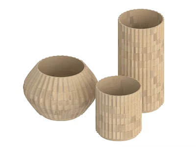 Stylish Textured Wooden Vases In Round And Cylindrical Shapes For Home Decor 3d model