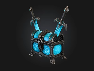 Blue Glowing Treasure Chest With Ornate Design And Two Swords On Top 3d model