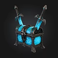 Blue Glowing Treasure Chest With Ornate Design And Two Swords On Top