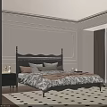 Elegant Bedroom Interior With Dark Headboard Bed Patterned Quilt Pillows Brown Curtains Geometric Rug