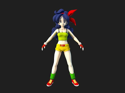 Animated Gaming Movie Character 3D Model Blue Hair Red Ribbon Green Top Yellow Shorts 3d model