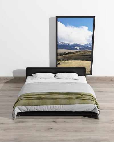 Double Bed With Black Headboard White Pillows Green Blanket And Landscape Painting On Wooden Floor 3d model