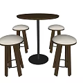 Round Wooden Bar Counter with Metal Base and Four Padded Wooden Stools
