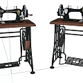 Vintage Industrial Sewing Machines On Wooden Workbenches With Metal Frames And Drawers