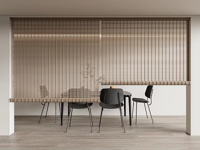 Natural Brown Bamboo Blinds For Modern Dining Area With Table And Chairs 3d model