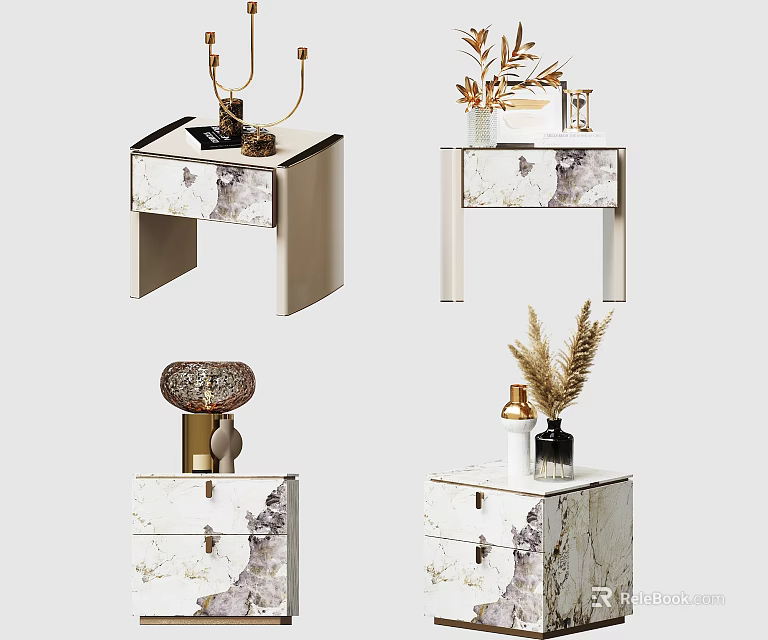 Modern Marble Texture Bedside Tables with Drawers and Decorative Lamps Dried Plants 3d model 