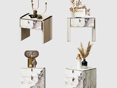 Modern Marble Texture Bedside Tables with Drawers and Decorative Lamps Dried Plants 3d model