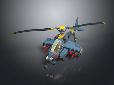 Detailed Blue Yellow Military Helicopter Model With Twin Rotors And Rocket Launchers 3d model
