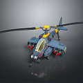 Detailed Blue Yellow Military Helicopter Model With Twin Rotors And Rocket Launchers